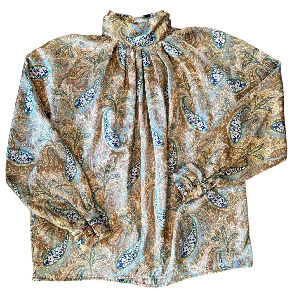 Vintage Tess Paisley Pleated Muted Pastel Long Sleeve Romantic Blouse 14